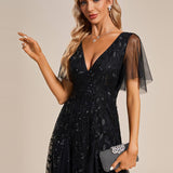 ever ASTRAL|Robe de Soirée Longue Romantique et Scintillante à Col V et Pailletes