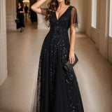 ever ASTRAL|Robe de Soirée Longue Romantique et Scintillante à Col V et Pailletes