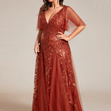 ever ASTRAL|Robe de Soirée Longue Romantique et Scintillante à Col V et Pailletes