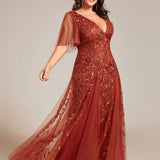 ever ASTRAL|Robe de Soirée Longue Romantique et Scintillante à Col V et Pailletes