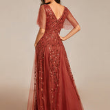 ever ASTRAL|Robe de Soirée Longue Romantique et Scintillante à Col V et Pailletes