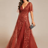 ever ASTRAL|Robe de Soirée Longue Romantique et Scintillante à Col V et Pailletes