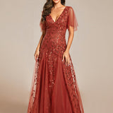 ever ASTRAL|Robe de Soirée Longue Romantique et Scintillante à Col V et Pailletes