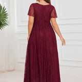 ever ELISE|Robe de soirée en dentelle plissée à manches courtes et col en V