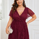 ever ELISE|Robe de soirée en dentelle plissée à manches courtes et col en V