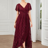 ever ELISE|Robe de soirée en dentelle plissée à manches courtes et col en V