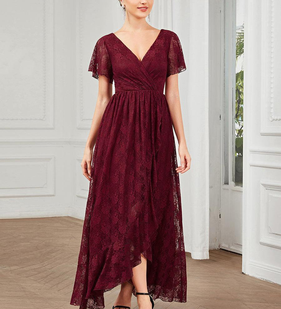 ever ELISE|Robe de soirée en dentelle plissée à manches courtes et col en V