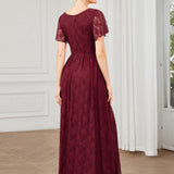 ever ELISE|Robe de soirée en dentelle plissée à manches courtes et col en V