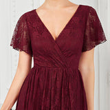 ever ELISE|Robe de soirée en dentelle plissée à manches courtes et col en V
