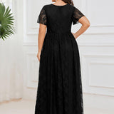 ever ELISE|Robe de soirée en dentelle plissée à manches courtes et col en V
