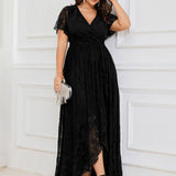 ever ELISE|Robe de soirée en dentelle plissée à manches courtes et col en V