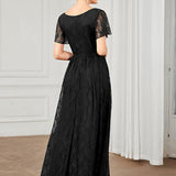 ever ELISE|Robe de soirée en dentelle plissée à manches courtes et col en V