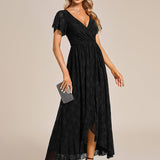 ever ELISE|Robe de soirée en dentelle plissée à manches courtes et col en V