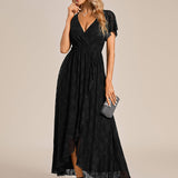 ever ELISE|Robe de soirée en dentelle plissée à manches courtes et col en V