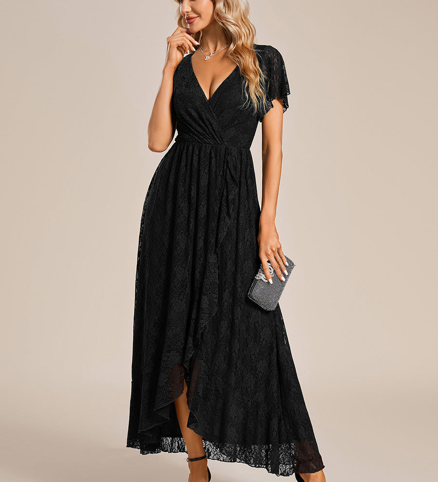 ever ELISE|Robe de soirée en dentelle plissée à manches courtes et col en V