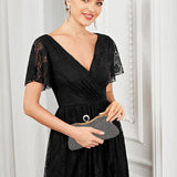 ever ELISE|Robe de soirée en dentelle plissée à manches courtes et col en V