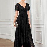 ever ELISE|Robe de soirée en dentelle plissée à manches courtes et col en V
