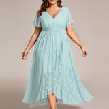 ever ELISE|Robe de soirée en dentelle plissée à manches courtes et col en V