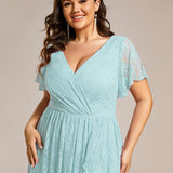 ever ELISE|Robe de soirée en dentelle plissée à manches courtes et col en V