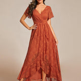 ever ELISE|Robe de soirée en dentelle plissée à manches courtes et col en V