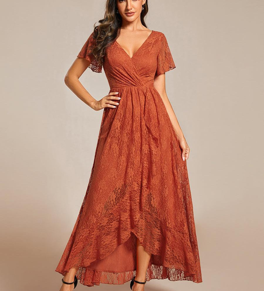 ever ELISE|Robe de soirée en dentelle plissée à manches courtes et col en V