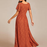 ever ELISE|Robe de soirée en dentelle plissée à manches courtes et col en V