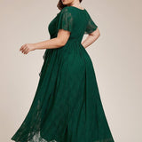 ever ELISE|Robe de soirée en dentelle plissée à manches courtes et col en V
