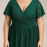 ever ELISE|Robe de soirée en dentelle plissée à manches courtes et col en V