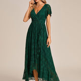 ever ELISE|Robe de soirée en dentelle plissée à manches courtes et col en V