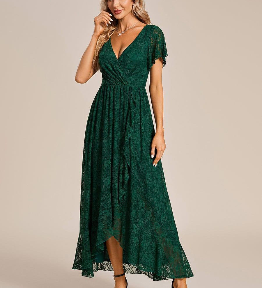 ever ELISE|Robe de soirée en dentelle plissée à manches courtes et col en V