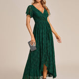 ever ELISE|Robe de soirée en dentelle plissée à manches courtes et col en V