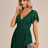 ever ELISE|Robe de soirée en dentelle plissée à manches courtes et col en V