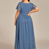 ever ELISE|Robe de soirée en dentelle plissée à manches courtes et col en V