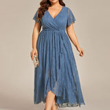 ever ELISE|Robe de soirée en dentelle plissée à manches courtes et col en V