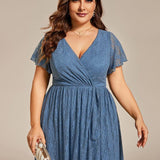 ever ELISE|Robe de soirée en dentelle plissée à manches courtes et col en V