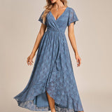 ever ELISE|Robe de soirée en dentelle plissée à manches courtes et col en V