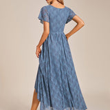 ever ELISE|Robe de soirée en dentelle plissée à manches courtes et col en V