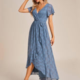 ever ELISE|Robe de soirée en dentelle plissée à manches courtes et col en V
