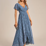 ever ELISE|Robe de soirée en dentelle plissée à manches courtes et col en V