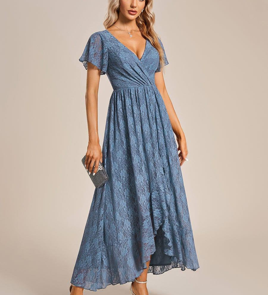 ever ELISE|Robe de soirée en dentelle plissée à manches courtes et col en V
