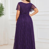 ever ELISE|Robe de soirée en dentelle plissée à manches courtes et col en V