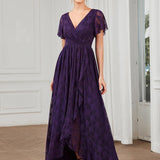 ever ELISE|Robe de soirée en dentelle plissée à manches courtes et col en V