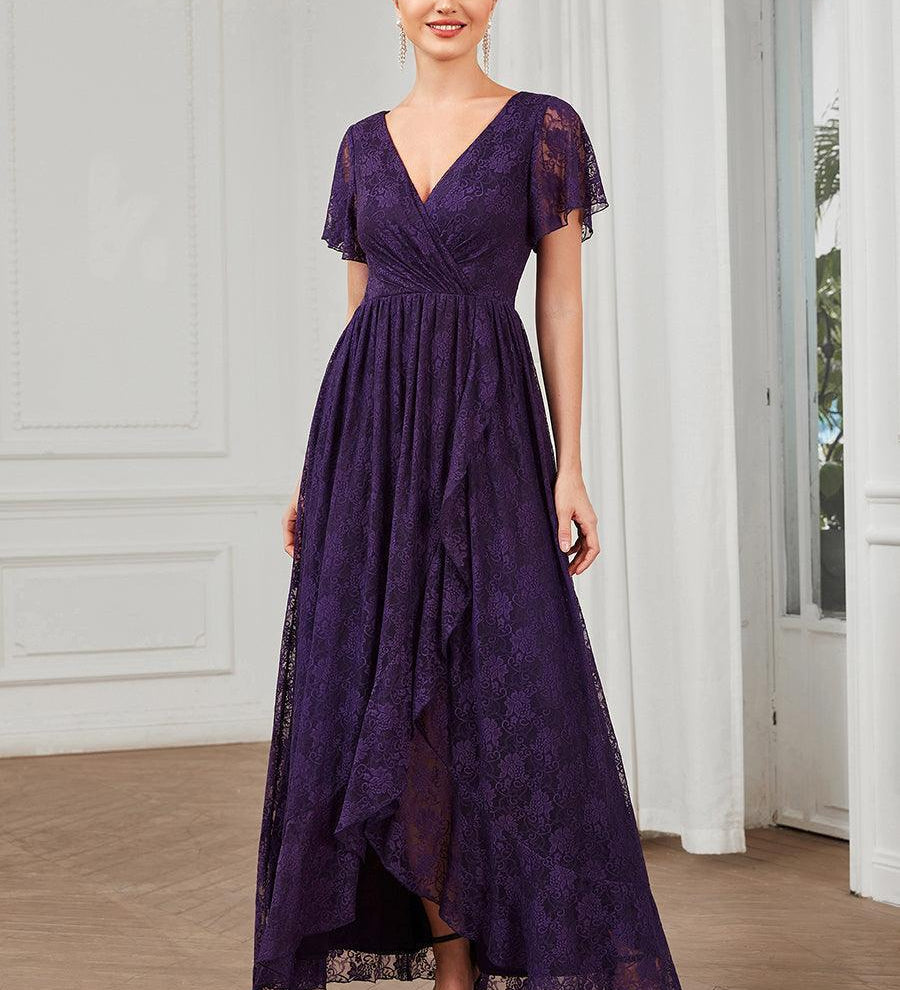 ever ELISE|Robe de soirée en dentelle plissée à manches courtes et col en V