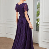 ever ELISE|Robe de soirée en dentelle plissée à manches courtes et col en V