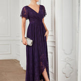 ever ELISE|Robe de soirée en dentelle plissée à manches courtes et col en V