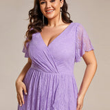 ever ELISE|Robe de soirée en dentelle plissée à manches courtes et col en V