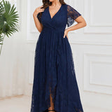 ever ELISE|Robe de soirée en dentelle plissée à manches courtes et col en V