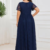 ever ELISE|Robe de soirée en dentelle plissée à manches courtes et col en V