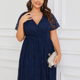 ever ELISE|Robe de soirée en dentelle plissée à manches courtes et col en V