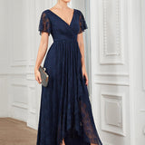 ever ELISE|Robe de soirée en dentelle plissée à manches courtes et col en V